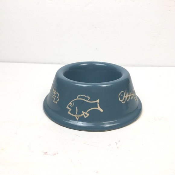 Unbranded Other - Cat Bowl Dish Food Water Blue Fish Bone Meow Ceramic